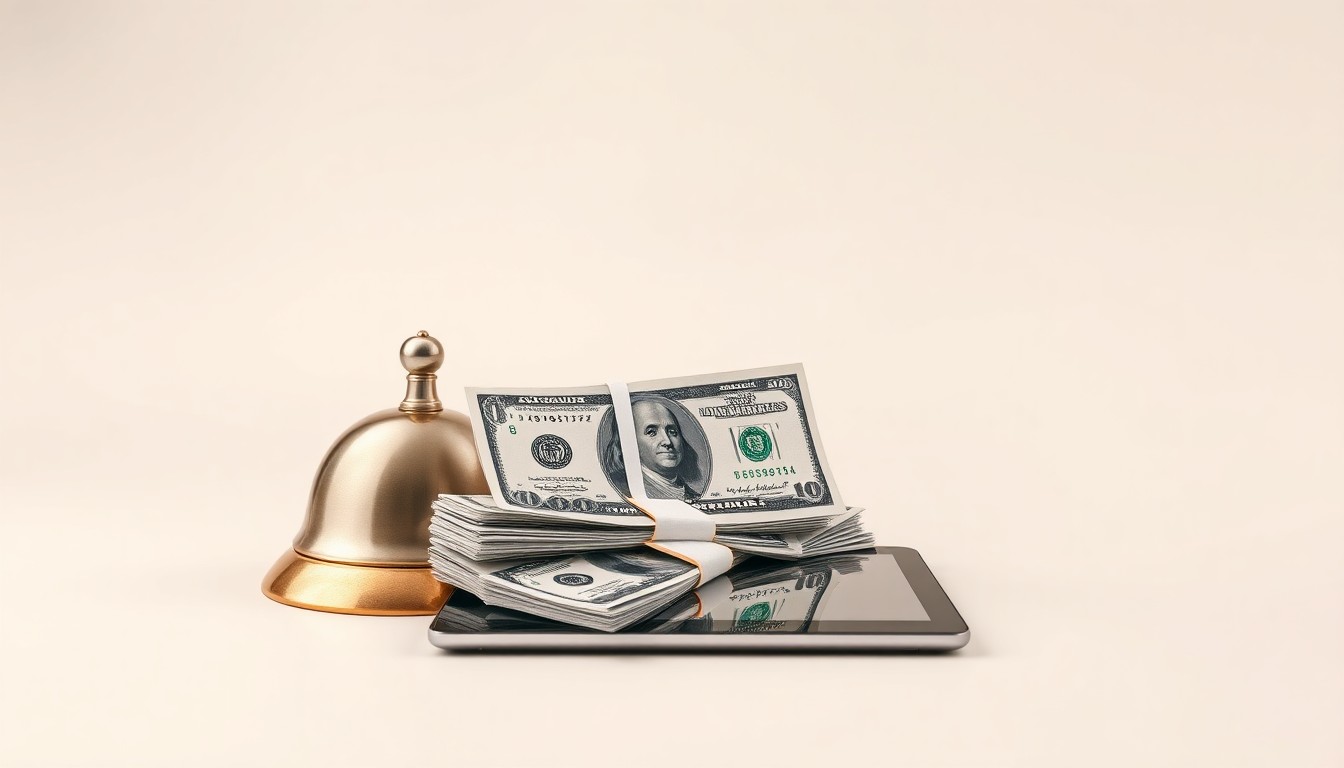 A minimalist studio still life featuring a metal restaurant bell, stacked dollar bills, and a tablet device, conveying the interplay of human leadership, financial performance, and digital tools in the restaurant franchise industry.