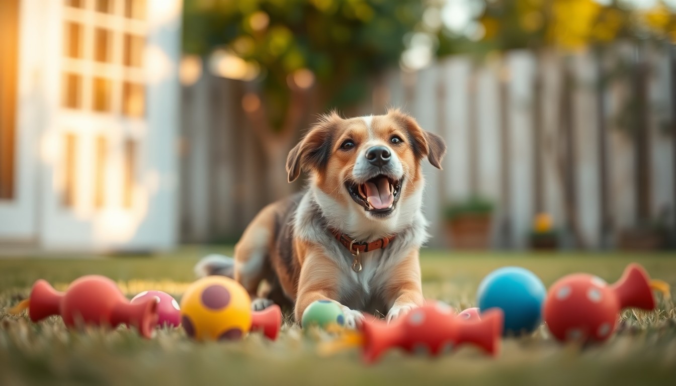 An abstract, out-of-focus photograph showing a dog playing with toys in a sunny backyard, the warm light and blurred background creating a sense of peaceful contentment.