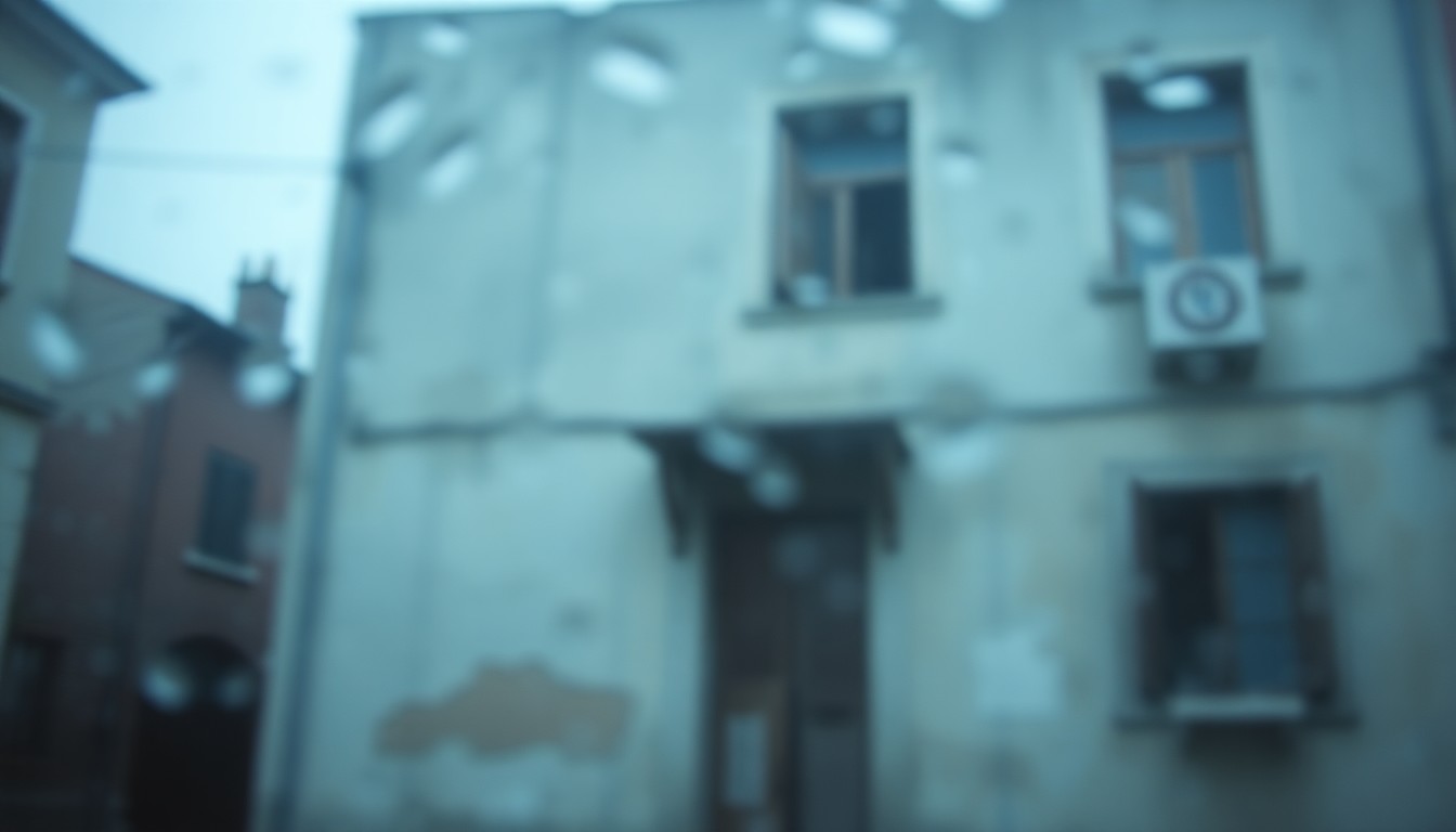 An abstract, impressionistic photograph showing the blurred, weathered facade of an old building, conveying a sense of instability and decay through the use of soft, muted colors and an out-of-focus, dreamlike composition.