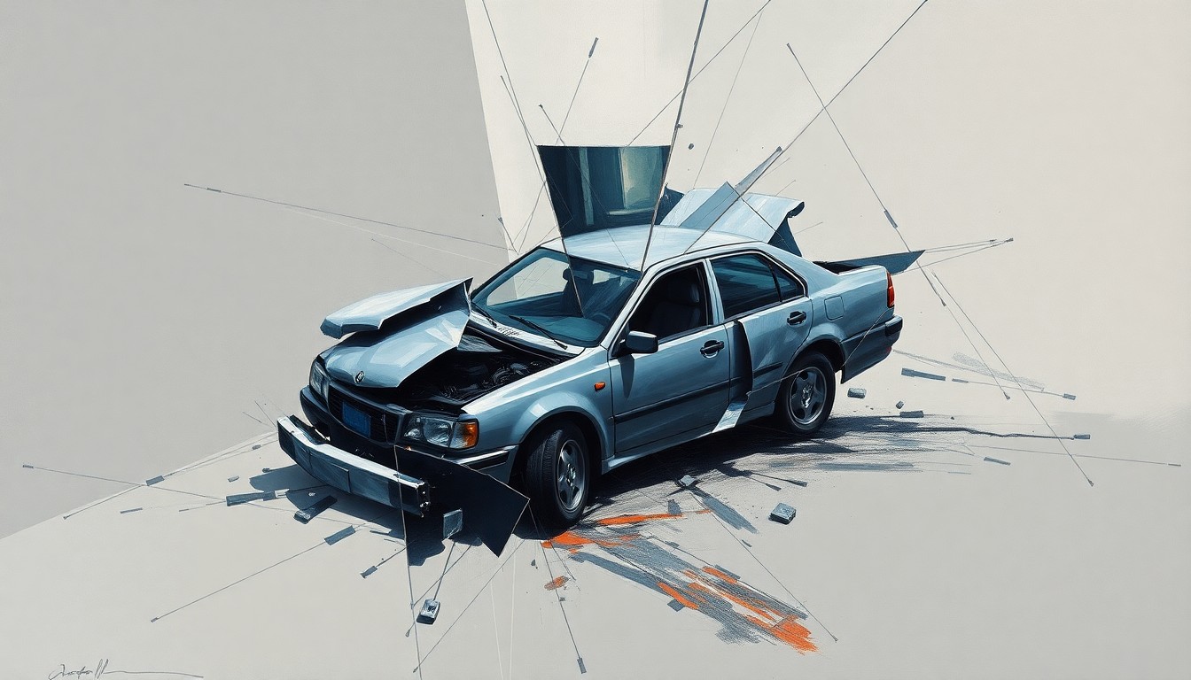 A fractured, cubist-style painting depicting the chaotic scene of a crashed vehicle, with sharp geometric shapes and planes in muted tones conveying the tragedy and need for improved road safety measures.