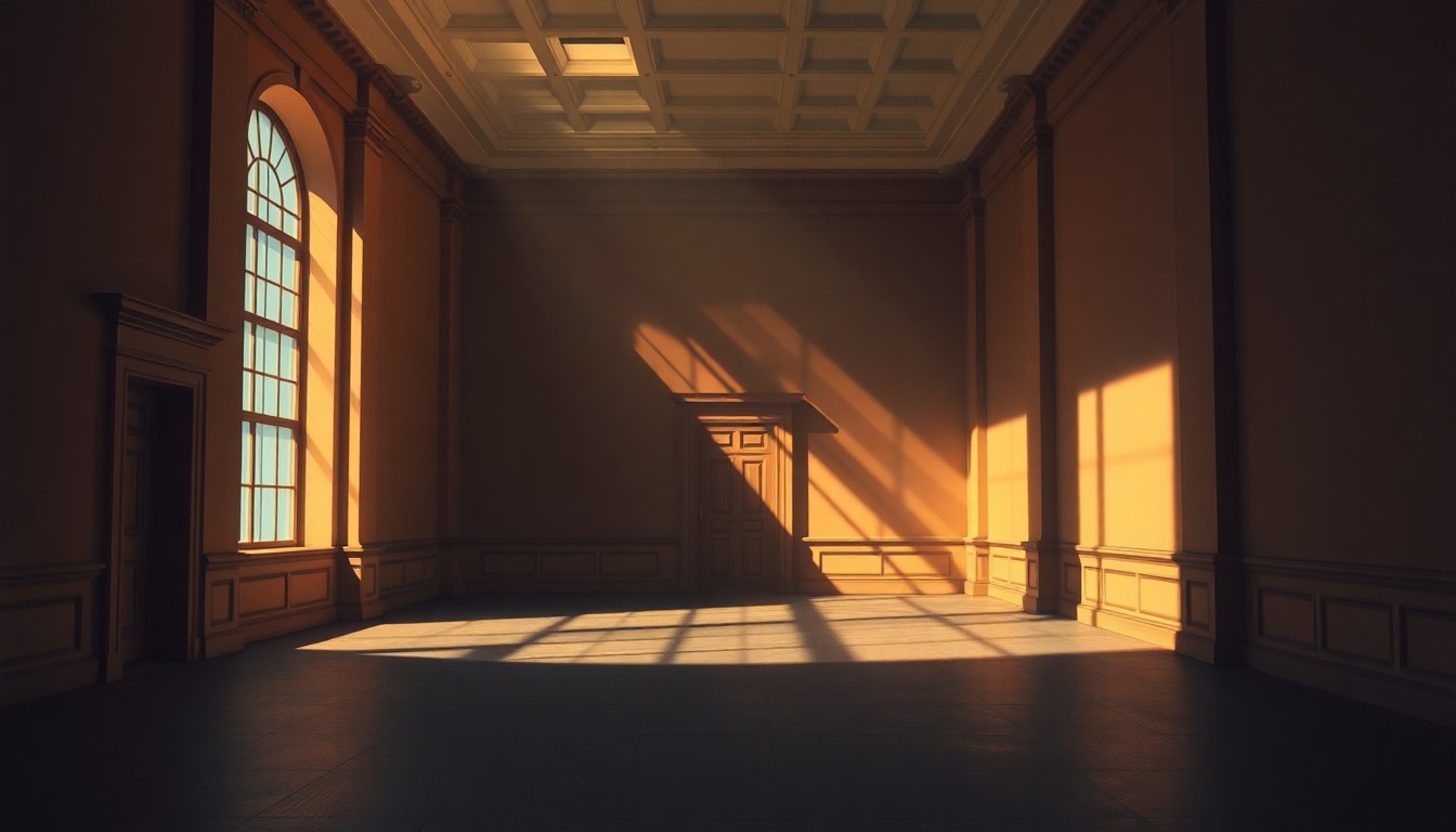 A dimly lit, cinematic painting of an empty British government office space, with warm sunlight streaming through the windows and deep shadows cast across the room, conveying a sense of solitude and vulnerability in the face of external forces.