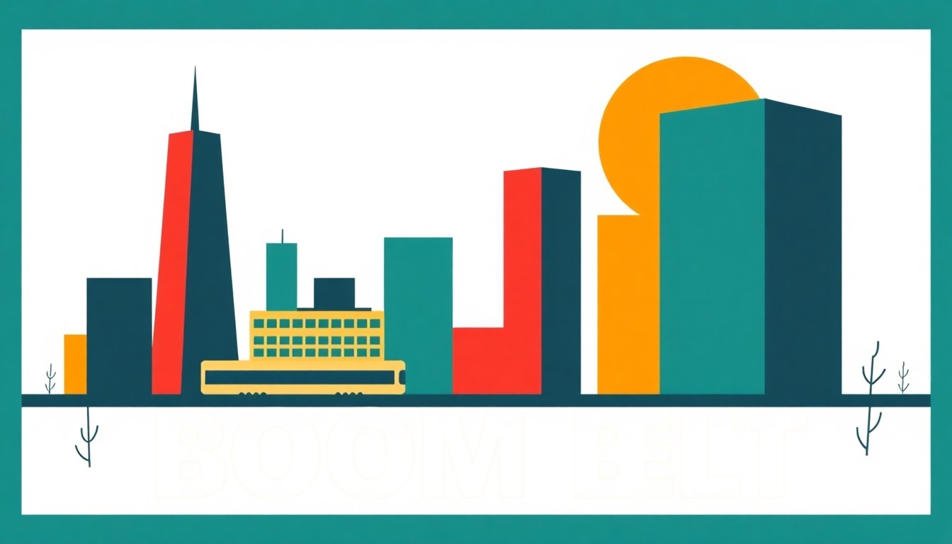 A minimalist, abstract illustration using bold geometric shapes and primary colors to represent the rapid economic expansion and capital investment in the 'Boom Belt' region of the United States.