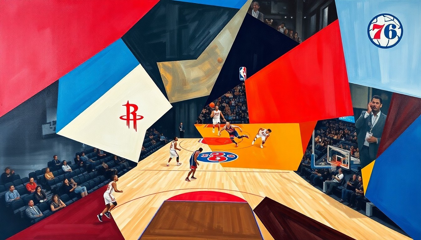 A cubist, geometric painting depicting a basketball game between the Houston Rockets and Philadelphia 76ers, with the players' movements and the court's layout deconstructed into abstract shapes and planes of vibrant team colors.
