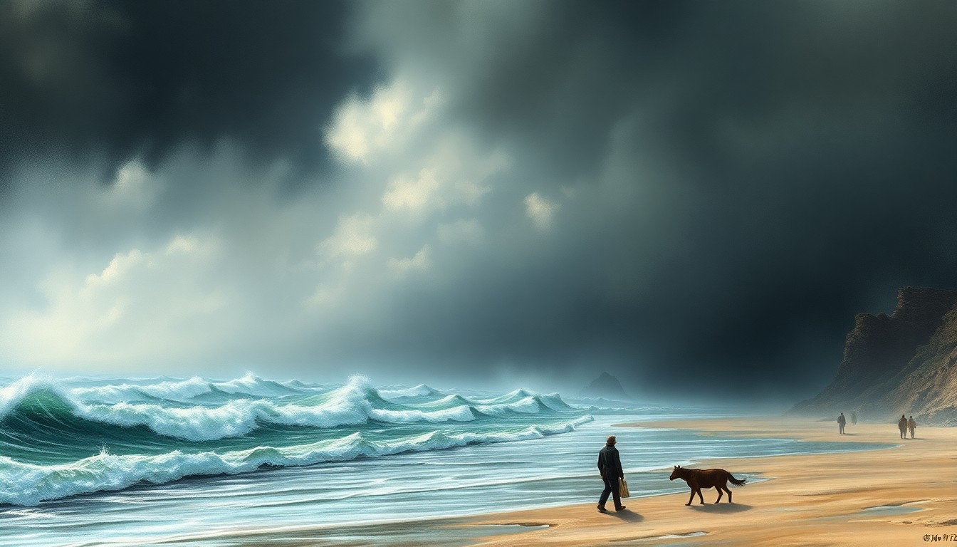 A dramatic, atmospheric landscape painting depicting a stormy, wind-swept beach, with crashing waves and churning surf dwarfing any human presence, conceptually representing the hazardous conditions facing beachgoers in Cocoa Beach.