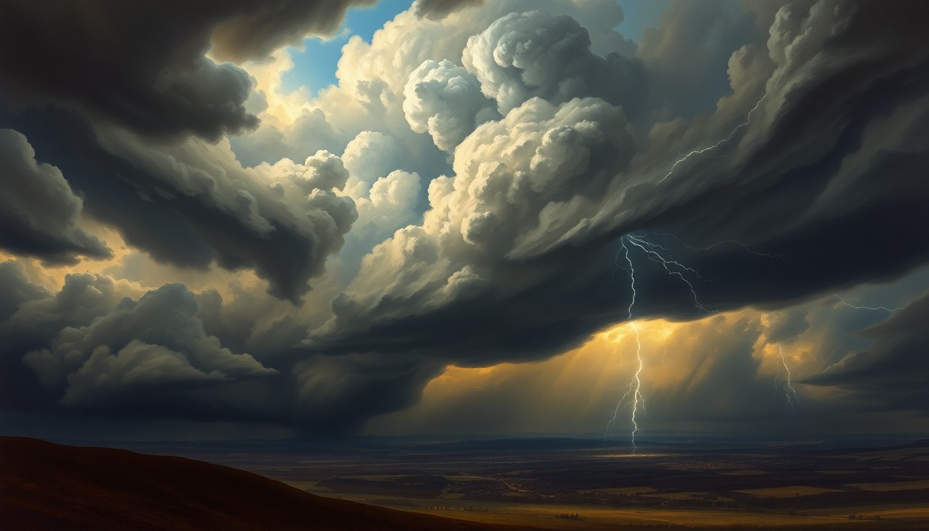 A dramatic landscape painting depicting a stormy, turbulent sky filled with dark clouds and flashes of lightning, dwarfing a small town or rural scene below, conveying the overwhelming scale and power of the natural forces at play.