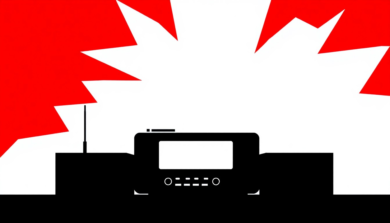 An abstract, minimalist illustration featuring bold, jagged geometric shapes in contrasting red and white, conceptually representing a community radio station and its role as a beacon of sanity in a fragmented media landscape.