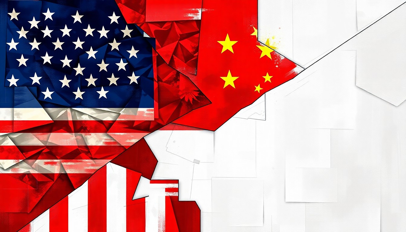 An abstract, fragmented painting featuring the red and white stripes of the American flag and the five gold stars on a red field of the Chinese flag, blending together in a dynamic, overlapping composition of bold colors and geometric shapes.