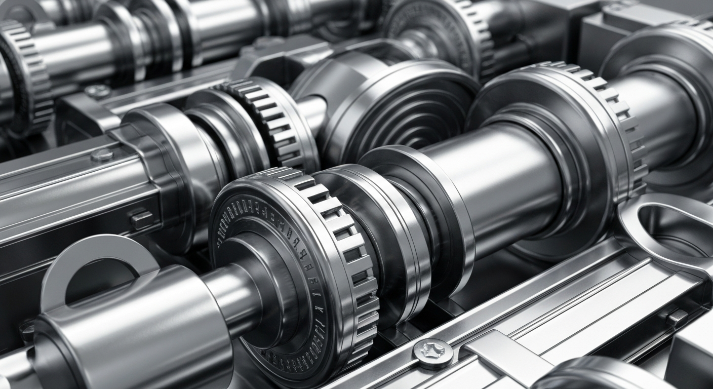 A highly detailed, cinematic close-up image of the complex, mechanical components that make up the secure infrastructure of the banking industry, conveying a sense of power and stability without using any text or symbols.