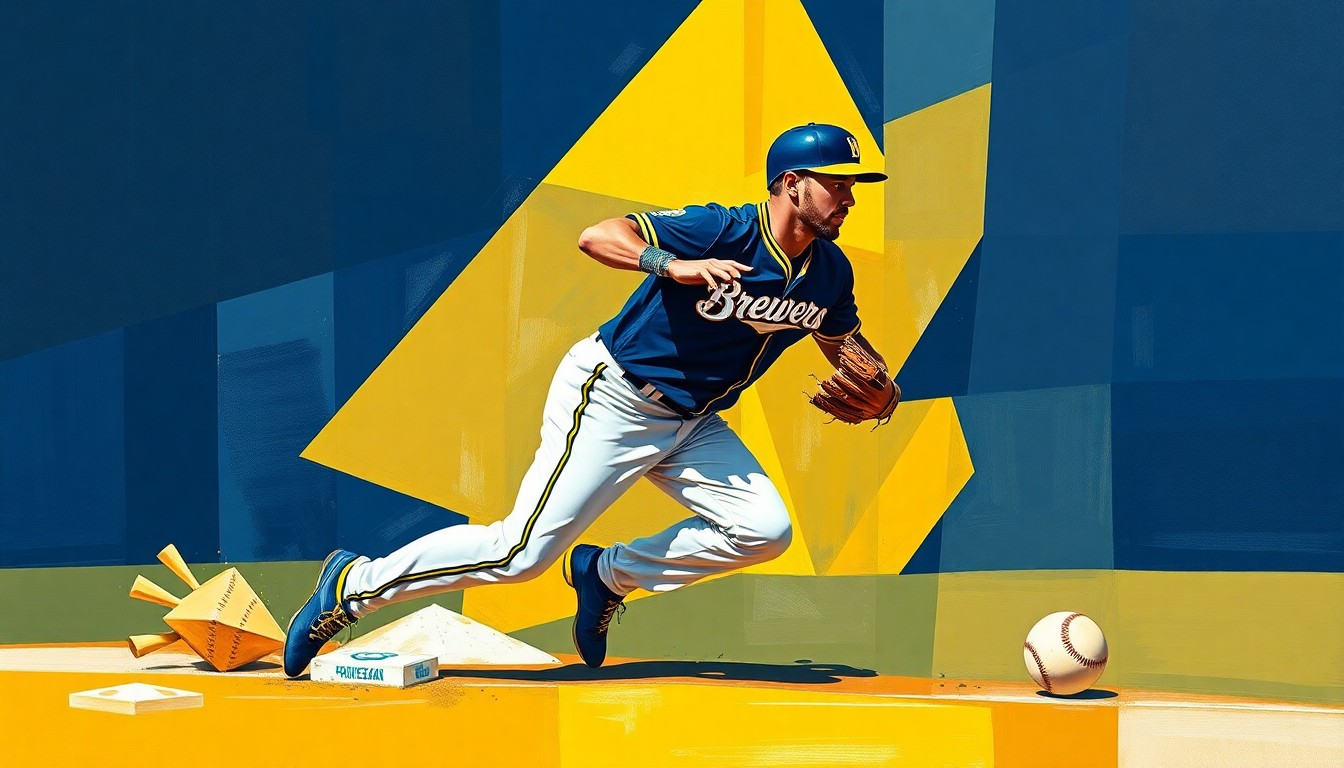 A fractured, cubist-style painting depicting a baseball player in motion, their body broken down into sharp, overlapping geometric shapes in the Brewers' official team colors of navy blue, gold, and white, capturing the dynamic energy of a stolen base.