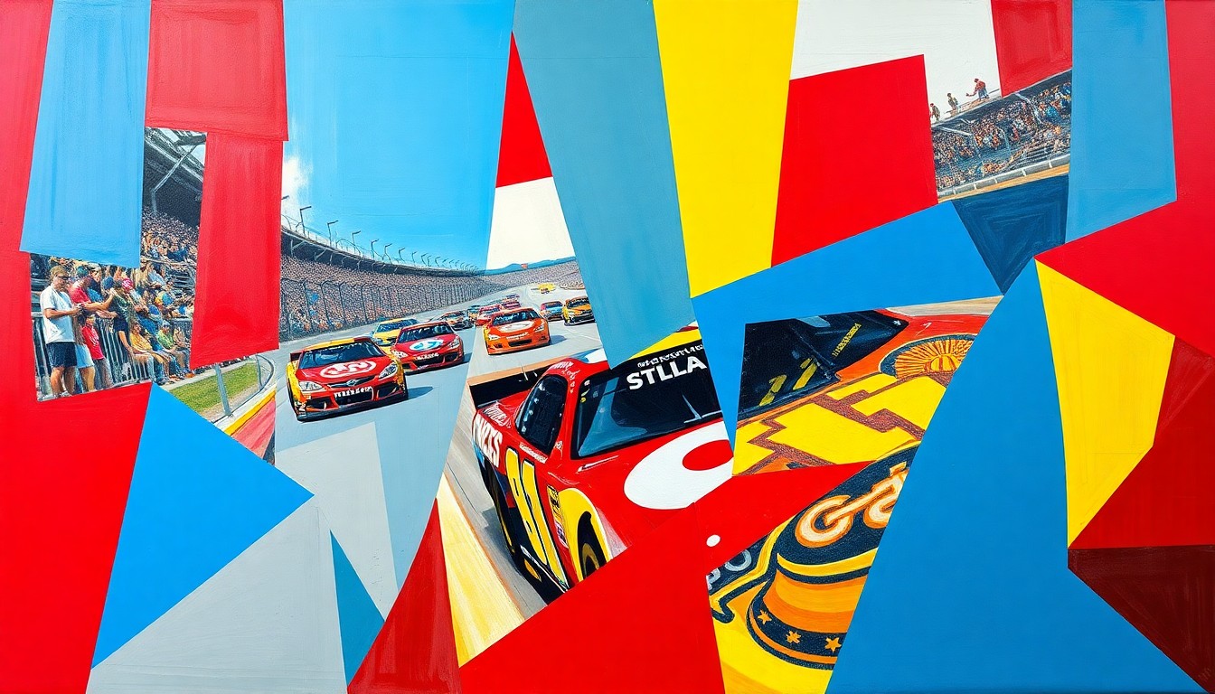 A cubist, geometric painting depicting a NASCAR race scene with the cars and drivers represented as fragmented, overlapping shapes in a vibrant color palette, capturing the intensity and drama of the incident between the two drivers.