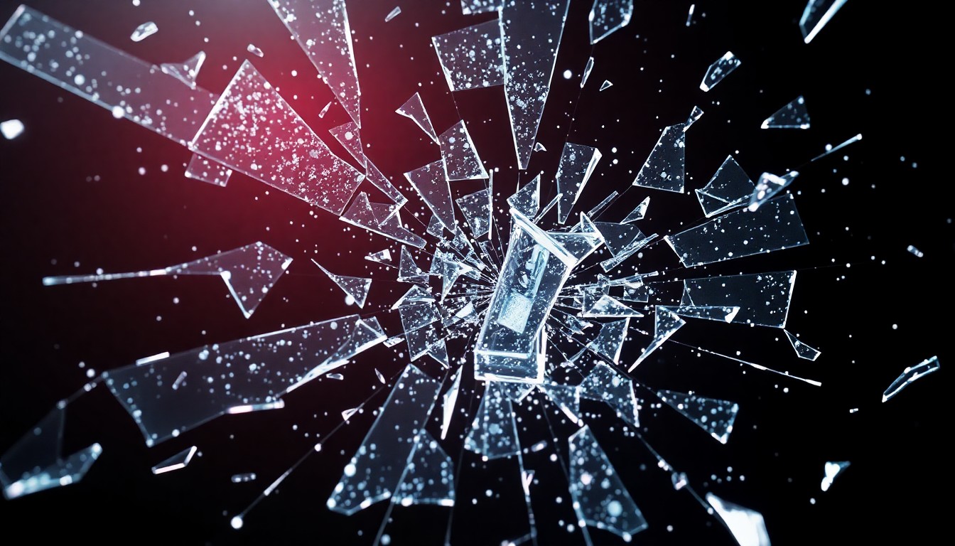 An extreme close-up photograph of shattered glass and glittering shards, capturing the fragility and uncertainty surrounding the future of the video game Guilty Gear Strive on the Nintendo Switch platform.