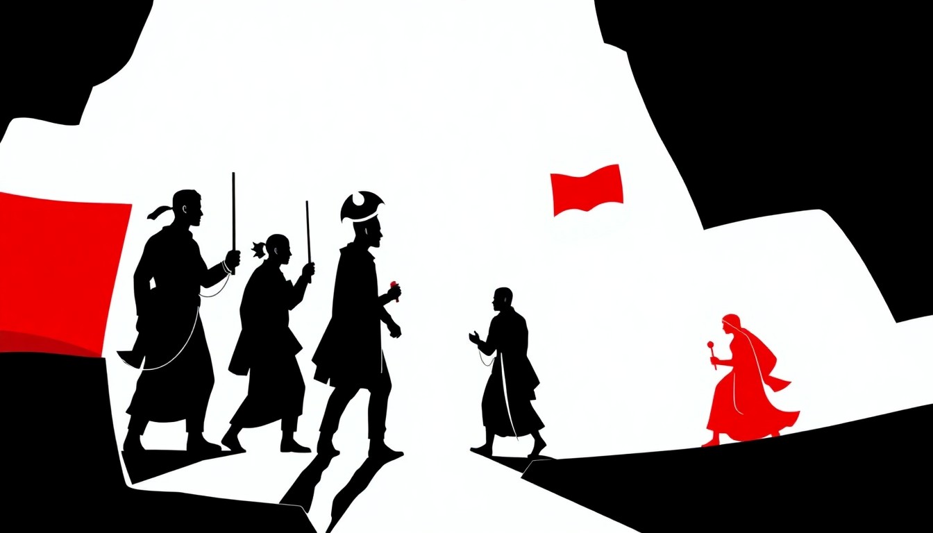 A conceptual illustration in the style of Saul Bass, featuring bold, jagged geometric shapes and high-contrast colors, representing the conflict between global and local priorities surrounding the release of the Ramayana movie teaser.