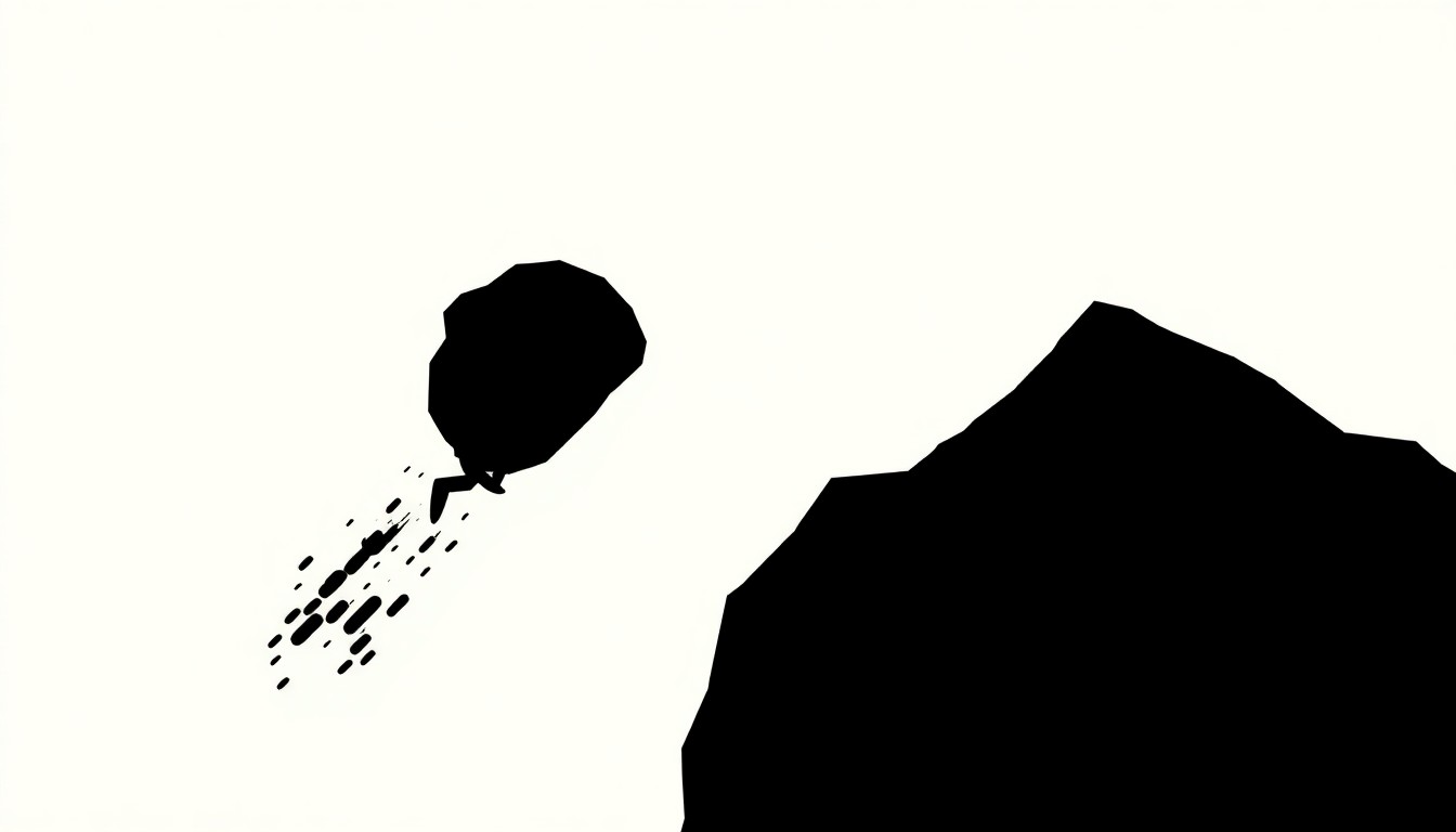 An abstract illustration using bold black shapes and high-contrast colors to represent a runaway boulder prop, conceptually capturing the danger and chaos of the incident at the Disney World theme park.