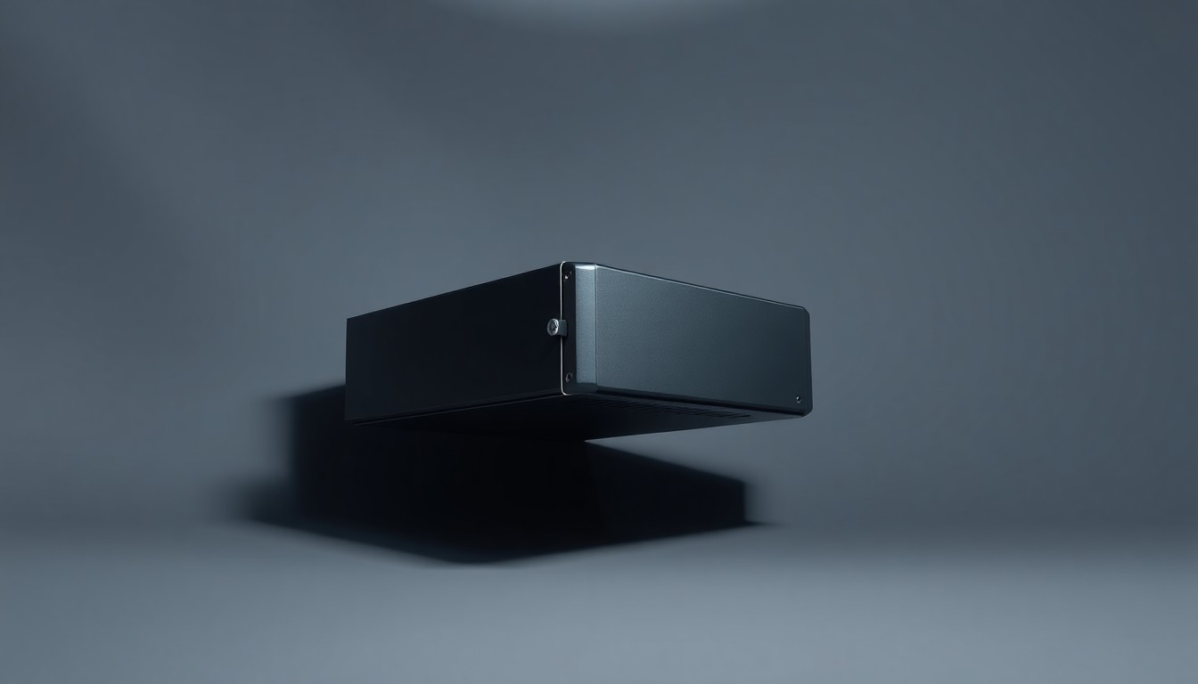 A sleek, metallic computer server component floating on a clean, monochromatic background, dramatically lit to create sharp shadows and a sense of abstract corporate risk.