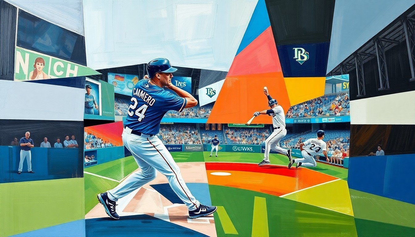 A fragmented, geometric painting depicting a baseball game or match, with the players and field broken down into sharp, overlapping planes of color and shape, conveying the dynamic and uncertain nature of Caminero's future with the Rays.