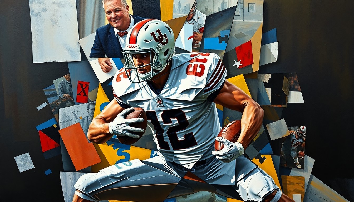 A cubist, fragmented painting depicting a college football player in the midst of an intense play, with sharp, overlapping geometric shapes and planes representing the physical and emotional challenges of the sport.