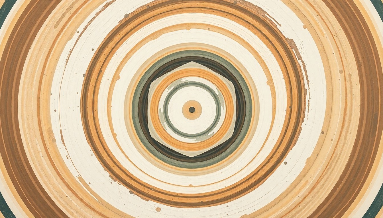 A bold, abstract painting featuring sweeping geometric arcs, concentric circles, and precise spirals in earthy tones of brown, green, and blue, representing the complex systems and forces involved in NASA's Artemis program to return to the Moon.