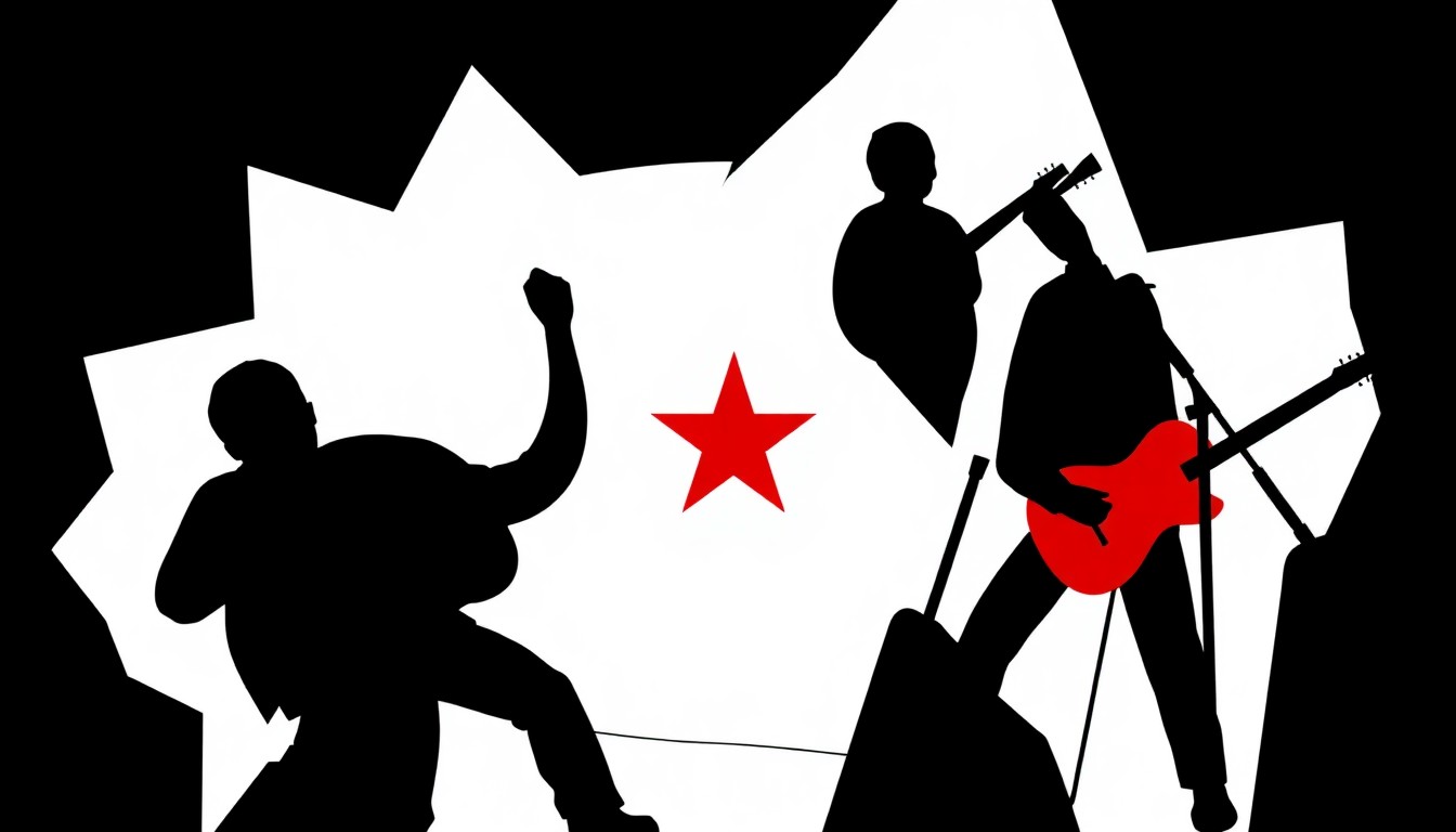 An abstract, minimalist illustration featuring bold, jagged shapes and silhouettes in high-contrast red and black, conceptually representing the music industry in Georgia.