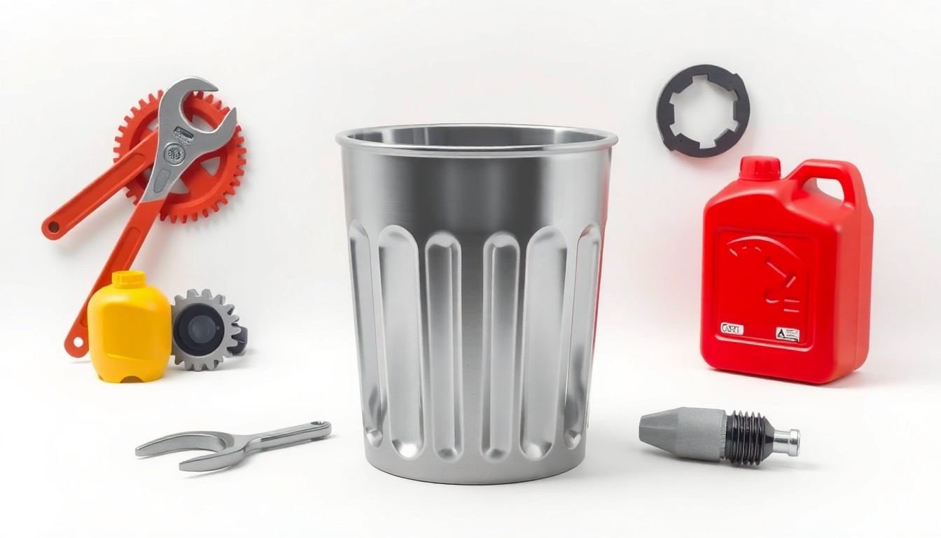 A high-end, photorealistic studio still-life photograph featuring a polished, geometric metal trash can or dumpster in the center, surrounded by other premium industrial objects like a wrench, a gear, and a fuel canister, all arranged elegantly on a clean, monochromatic seamless background, conceptually representing the waste management and recycling services provided by GFL Environmental.
