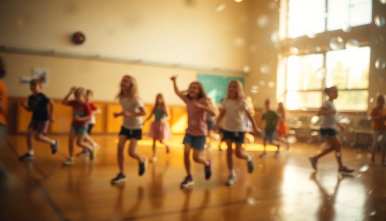An abstract, impressionistic photograph showing the blurred silhouettes of children jumping rope in a school gymnasium, with warm, soft pools of light and color.