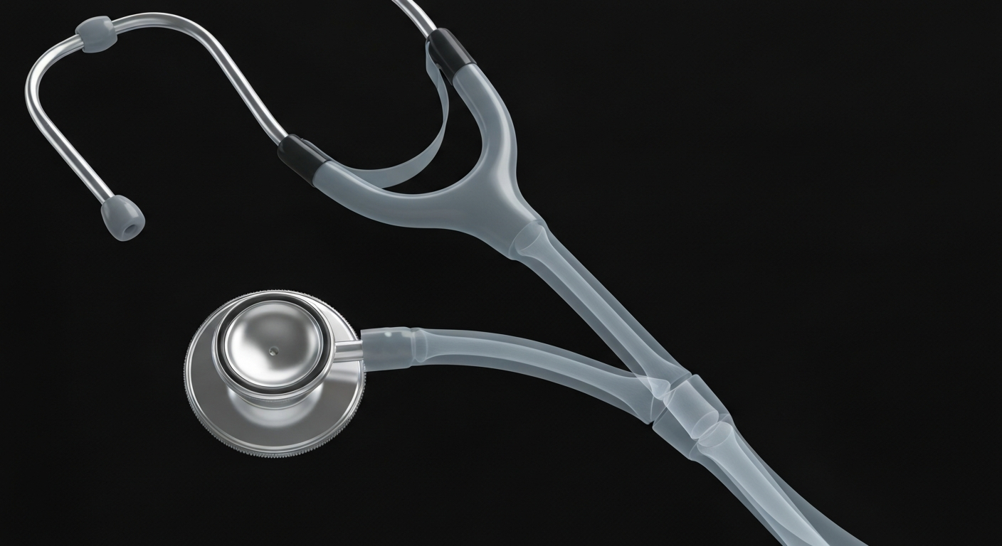 A ghostly, translucent X-ray photograph revealing the internal structure of a stethoscope against a dark background, conceptually representing the improved healthcare access for Kent State students through the university's new medical partnership.