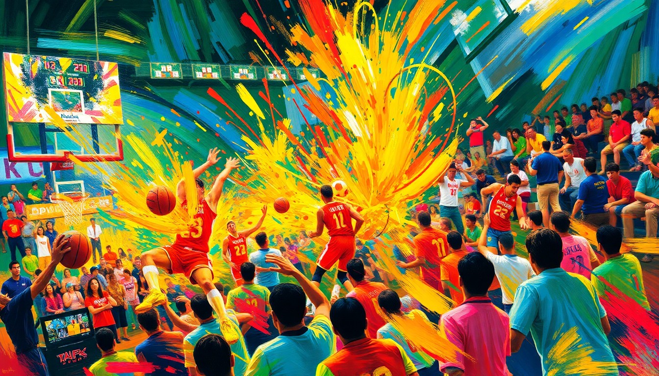 An abstract, expressionist painting in vibrant neon colors, capturing the frenetic energy and movement of a Banana Ball game, with players and fans blending together in a colorful, energetic display.