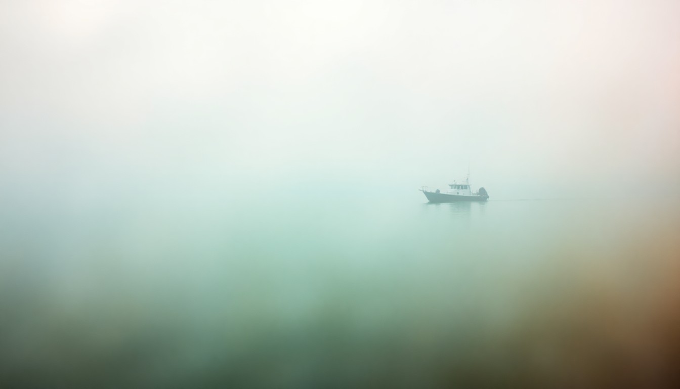 An extremely abstract, out-of-focus photograph depicting a serene, misty lake scene with a lone fishing boat in the distance, surrounded by soft pools of warm, earthy green and blue tones, conceptually representing the balanced approach to fisheries management in Michigan.