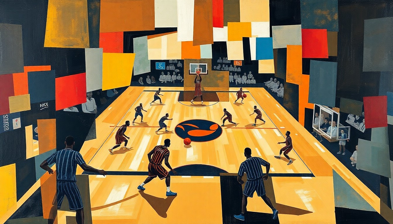 A fragmented, geometric painting depicting a basketball game or match, with players and the court reduced to abstract shapes and planes of color, capturing the uncertainty and transition facing the Chicago Bulls organization.