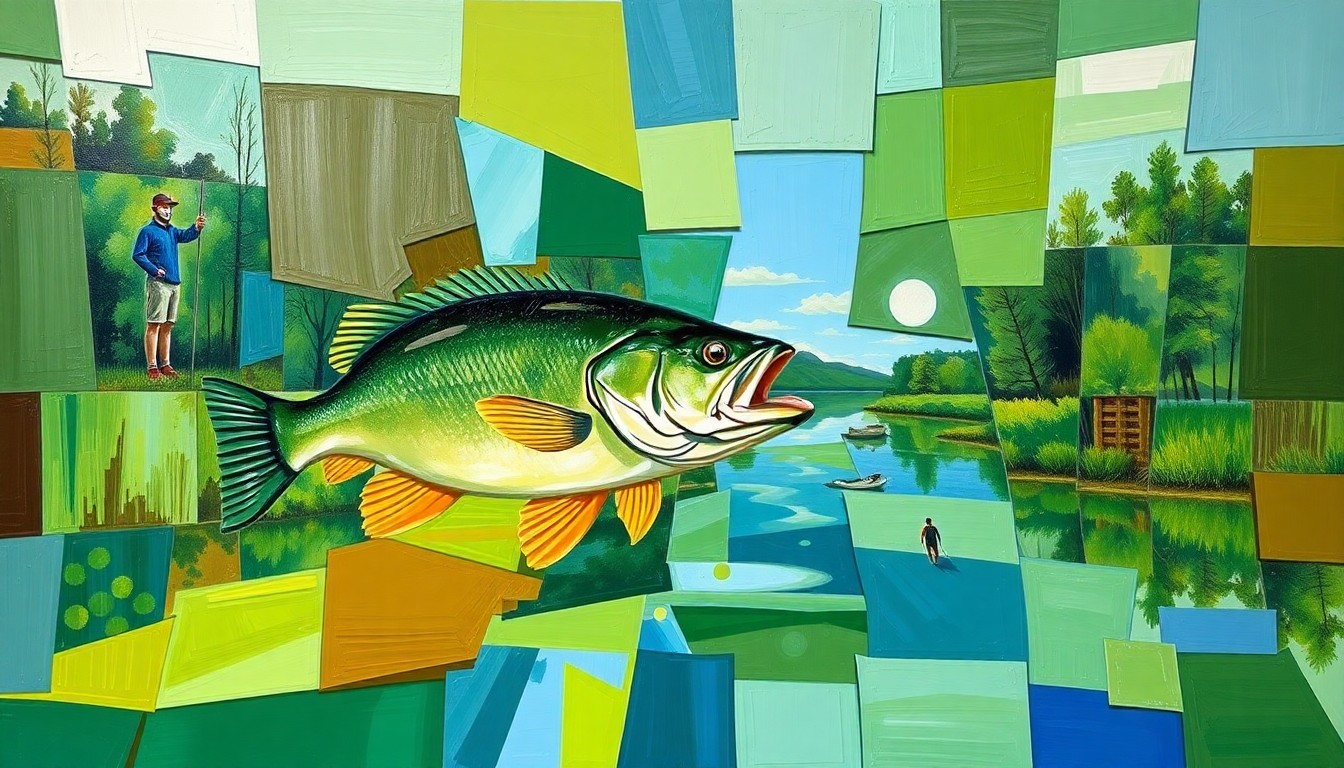 A fragmented, geometric painting depicting the various elements of a bass fishing tournament, including the lake, vegetation, and fish, rendered in a cubist style with vibrant colors.