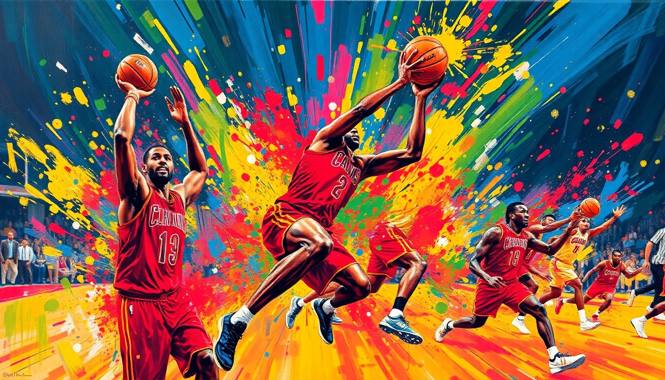An abstract, energetic painting in neon colors, with blurred basketball players' figures and movement, conceptually representing the passion and spirit of the Cleveland Cavaliers and their fans.