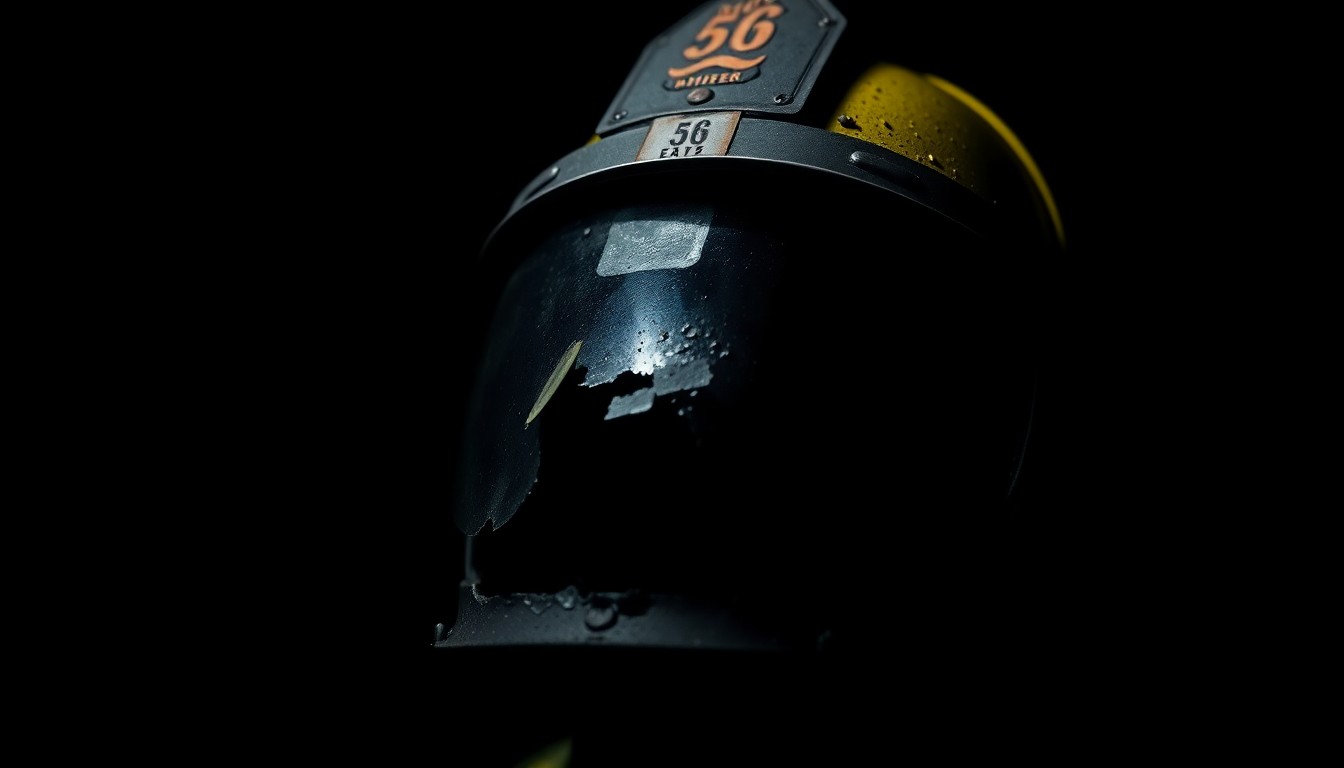 An extreme close-up photograph of a firefighter's damaged helmet, the harsh flash lighting revealing the gritty details of the cracked and scuffed surface, conveying a sense of the dangers and sacrifices inherent in the firefighter's profession.