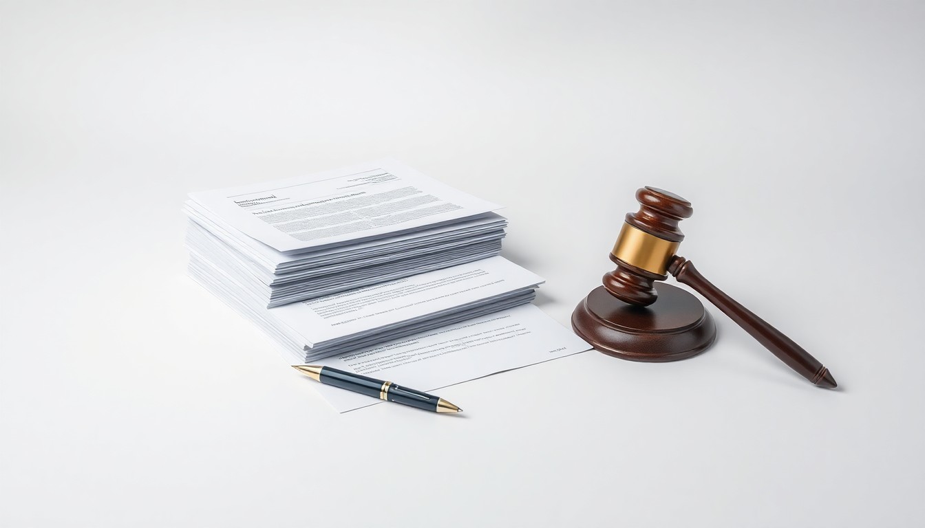 A photorealistic studio still-life photograph featuring a stack of legal documents, a pen, and a gavel arranged elegantly on a clean, monochromatic background, conceptually representing the resolution of a corporate legal dispute.