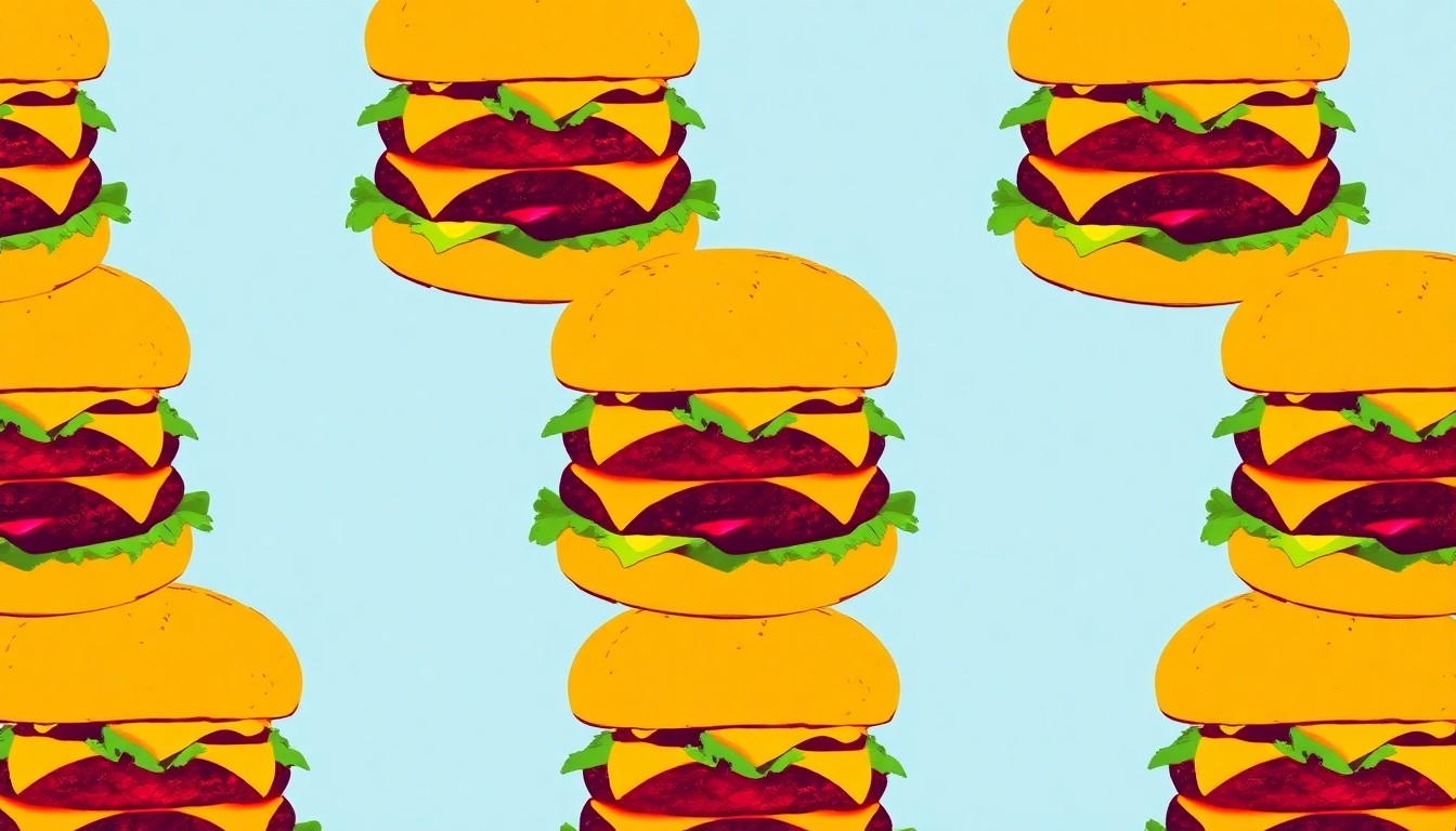 A highly stylized, pop art-inspired grid of a single, iconic burger image rendered in bold, neon-bright colors and heavy black outlines, conceptually representing the vibrant local food scene in Peoria.