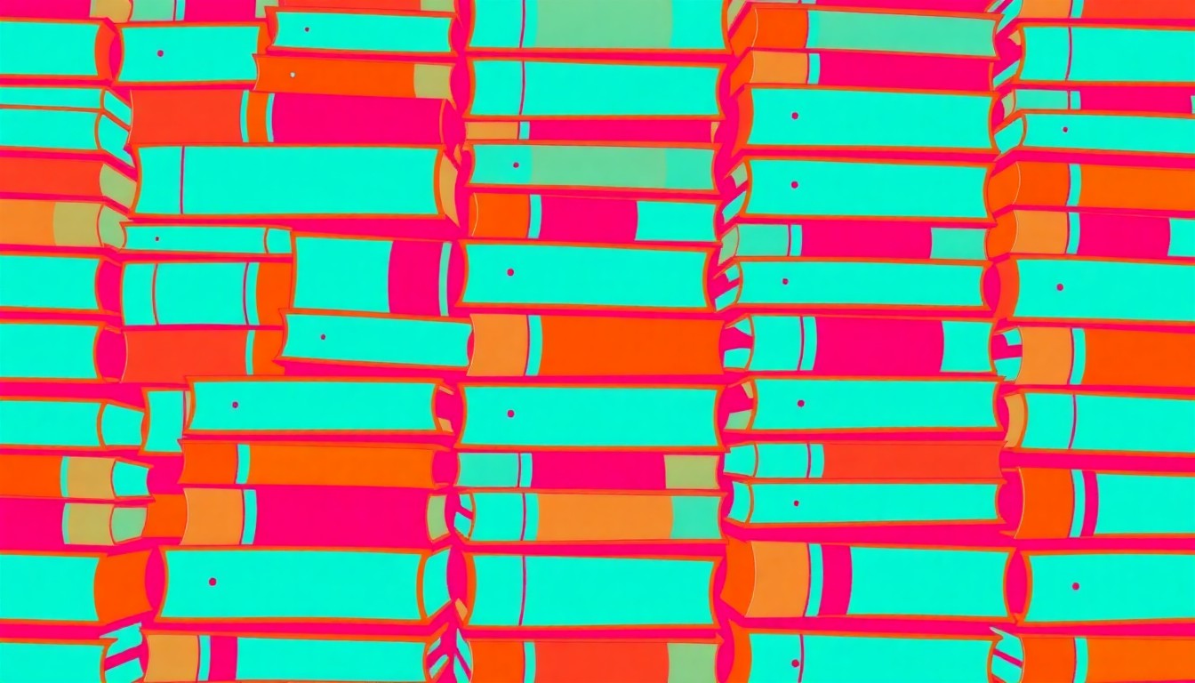 A bold, abstract illustration composed of a repeating grid of stylized book shapes in bright, neon-like colors, capturing the energy and creativity of a community library.