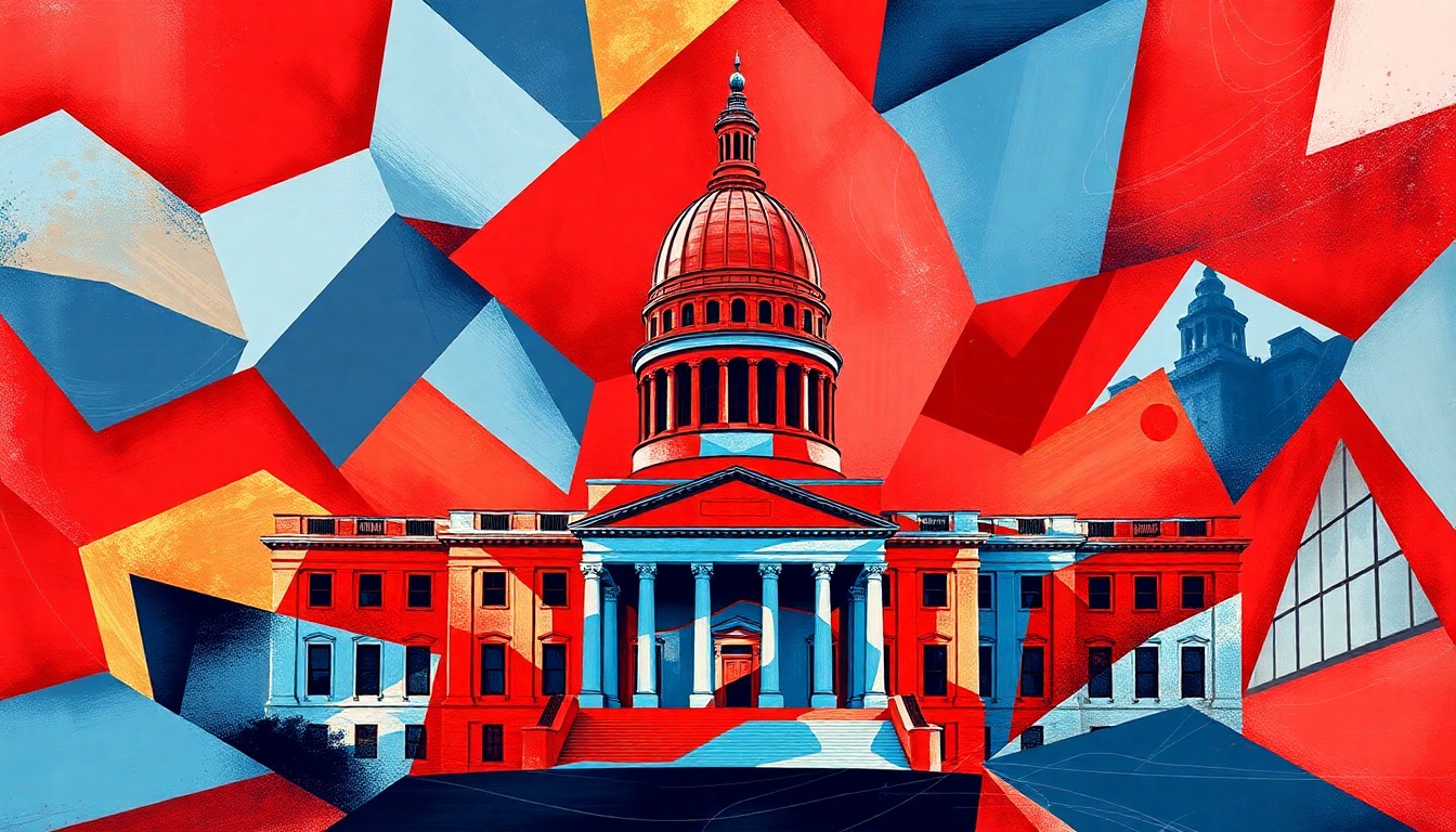 An avant-garde painting featuring the Alabama state capitol building repeated in overlapping, fractured geometric shapes in shades of red, blue, and gold, conveying the dynamic and fast-paced nature of the legislative process.