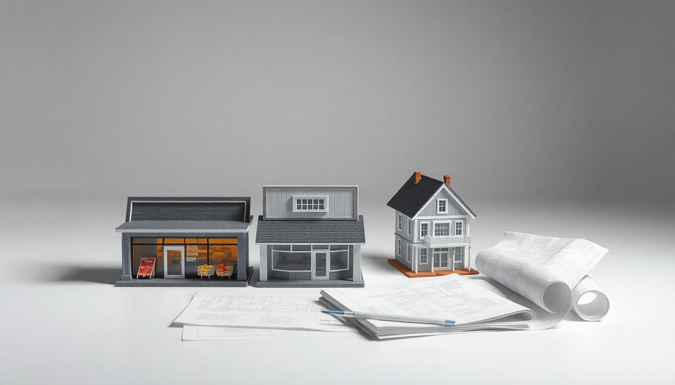 A high-end, photorealistic studio still-life photograph featuring a clean, monochromatic background with a carefully arranged composition of premium, polished objects representing the key elements of the proposed development, such as a miniature grocery store facade and a small-scale nursery school building, conveying a sense of corporate strategy and planning.