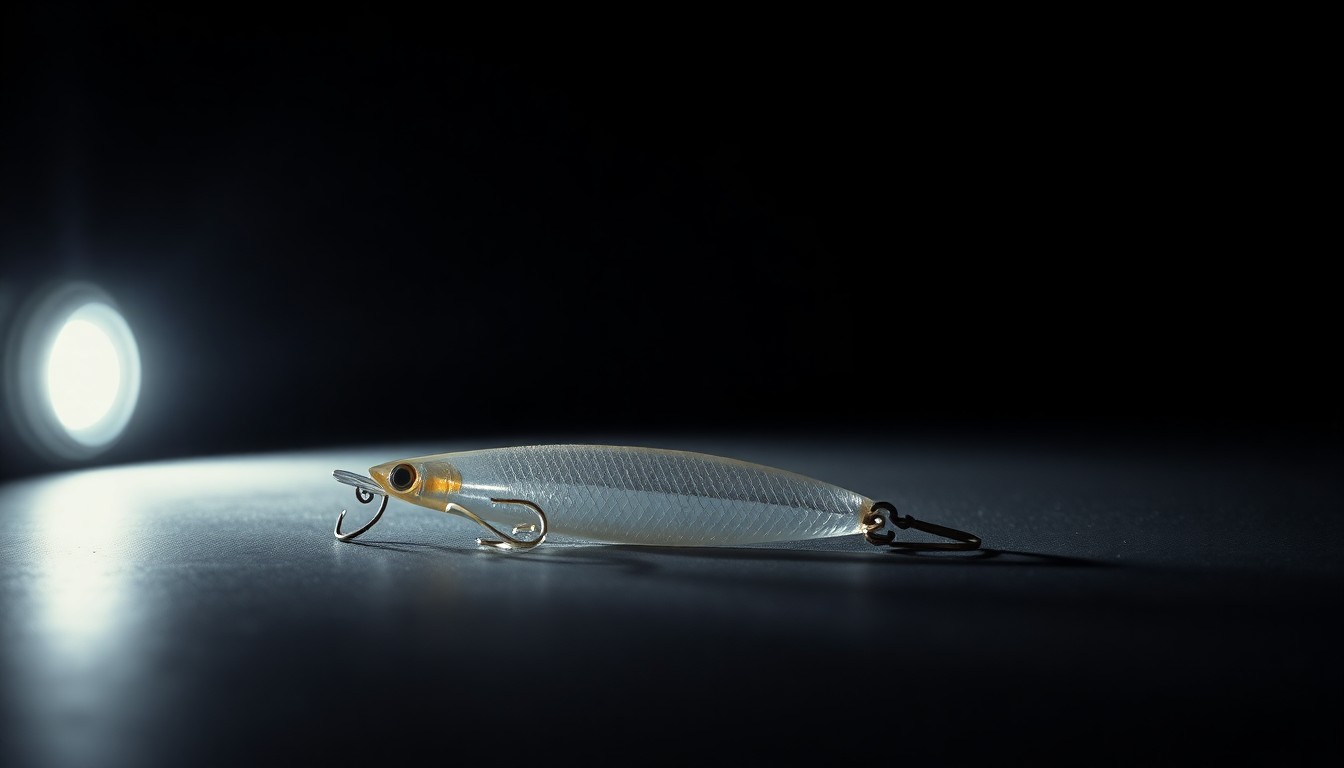 An extreme close-up photograph of a fishing lure or personal item, sharply lit by a harsh camera flash against a dark background, conveying a sense of mystery and investigation surrounding the missing person case.