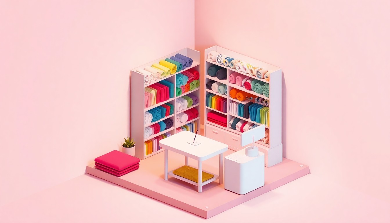 A miniature, stylized 3D illustration of a fabric store with shelves of colorful cotton bolts, a cutting table, and a cash register, representing the 50-year history and community-focused mission of US Fabric Shop.