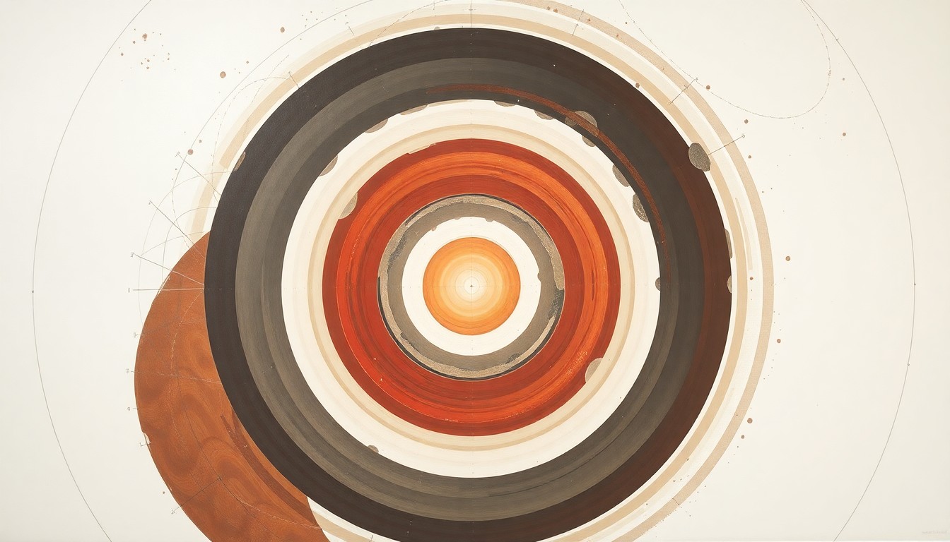 A bold, abstract painting in muted earth tones depicting sweeping geometric shapes, concentric circles, and precise spirals, conceptually representing the technical precision and structural order required for space-rated furniture design.