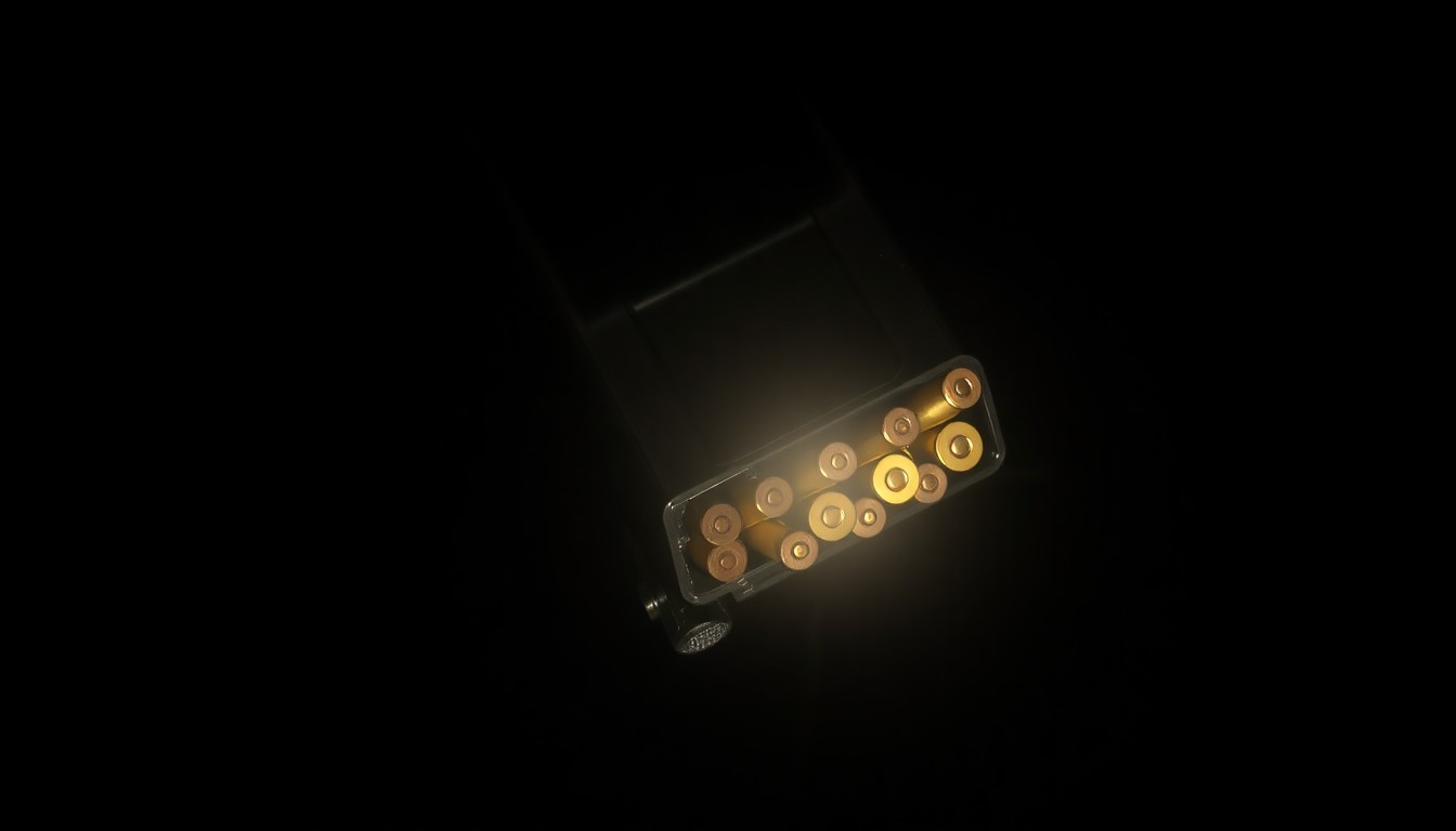 An extreme close-up photograph of a handgun magazine loaded with ammunition, lit by a harsh, direct camera flash against a pitch-black background, conceptually illustrating the gritty details of a criminal investigation.