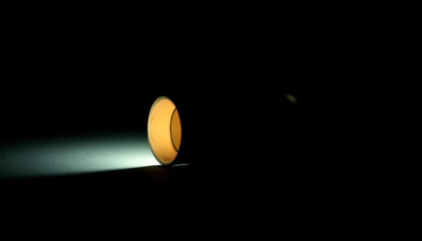 An extreme close-up photograph of a spent shell casing from a handgun, lit by a harsh, direct camera flash against a pitch-black background, conveying a stark, gritty, investigative mood without words.