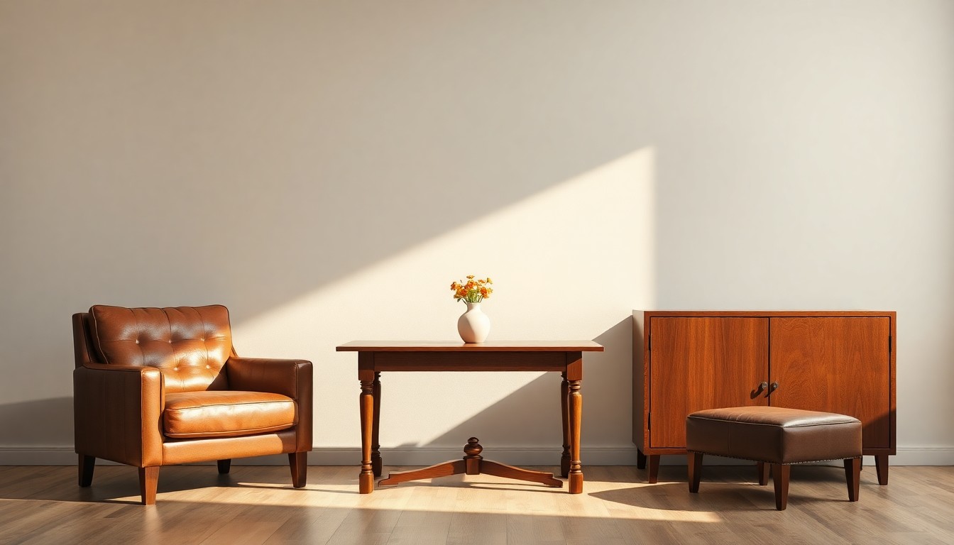 A minimalist, high-end studio still life photograph featuring a collection of premium wooden furniture pieces, including a table, armchair, and sideboard, arranged elegantly against a clean, monochromatic background, conceptually representing the bittersweet end of a family business legacy.