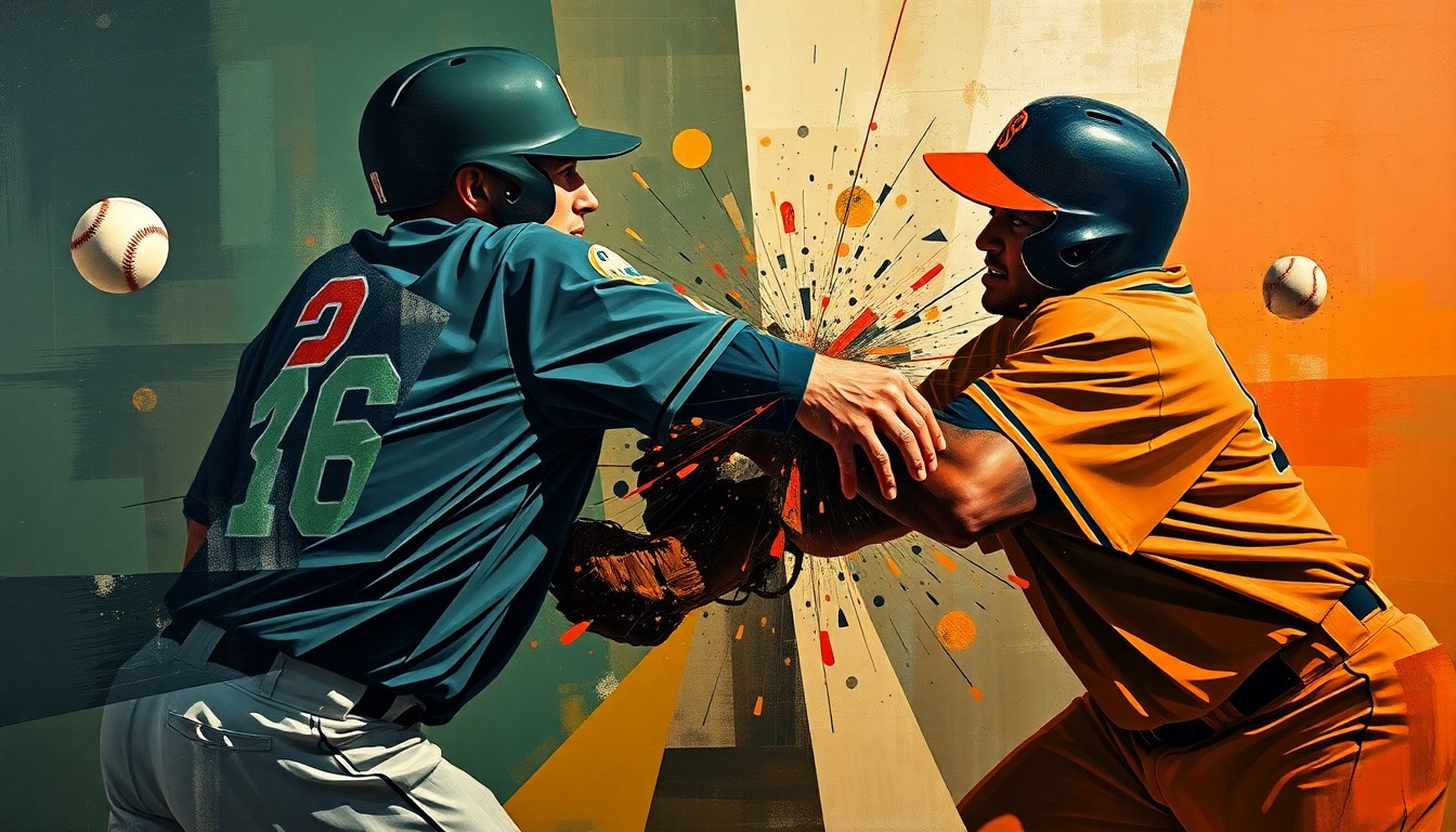 A fragmented, geometric painting depicting the mid-air collision of two baseball players, their bodies and uniforms broken down into sharp, overlapping planes of muted navy, green, and orange hues.