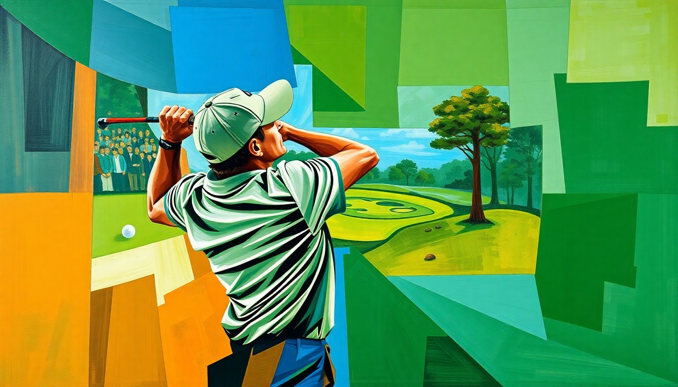A fragmented, geometric painting depicting a golfer's swing and the iconic Augusta National Golf Course, rendered in a cubist style with vibrant greens, blues, and browns.