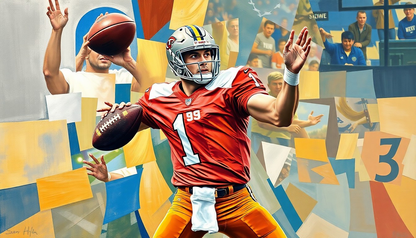 A fragmented, geometric painting depicting the throwing motion of a college football quarterback, with sharp planes of color and form capturing the dynamic energy of the sport.