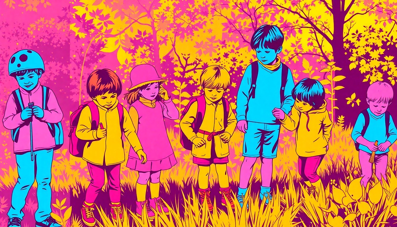 A colorful, abstract silkscreen illustration depicting a group of children engaged in various outdoor activities like hiking, gardening, and observing wildlife, conceptually representing the vibrant energy and exploration of a nature-focused school club.
