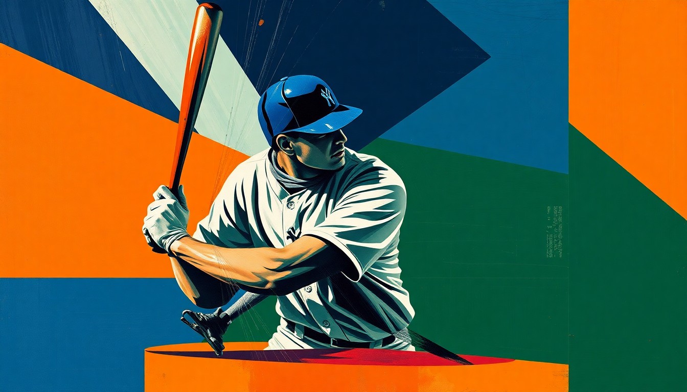 A fragmented, geometric painting depicting the motion of a baseball player's swing, with sharp planes of navy, green, and orange intersecting to create a dynamic, abstract composition.