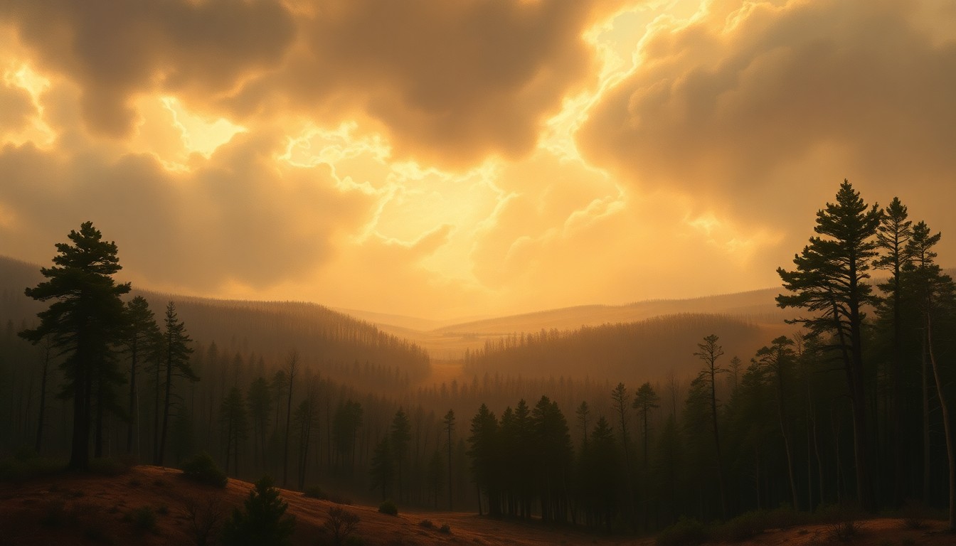 A sweeping, atmospheric landscape painting in muted tones of green, brown, and grey, depicting the vast, rugged terrain of the New Jersey Pine Barrens under a dramatic, cloudy sky. The natural elements dominate the scene, dwarfing any visible structures or vegetation.