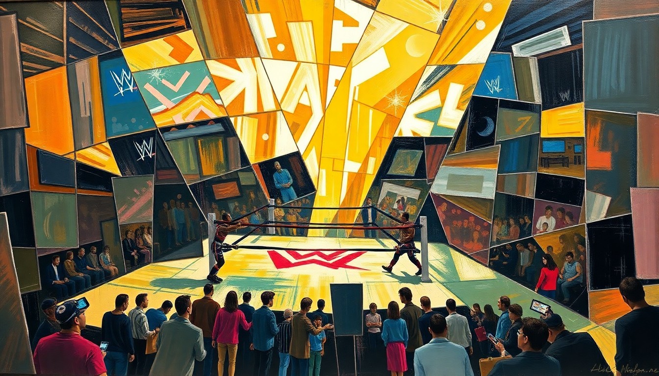 A fragmented, geometric painting depicting the intense action and shifting power dynamics of a WWE SmackDown match or competition.