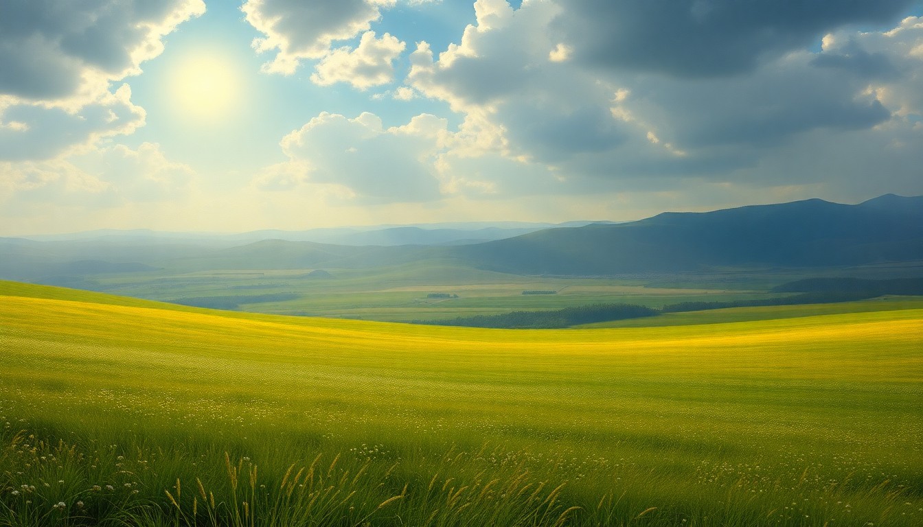 A serene, sun-dappled landscape painting in muted greens, blues, and golds, conveying a sense of tranquility and renewal after a period of heavy weather.